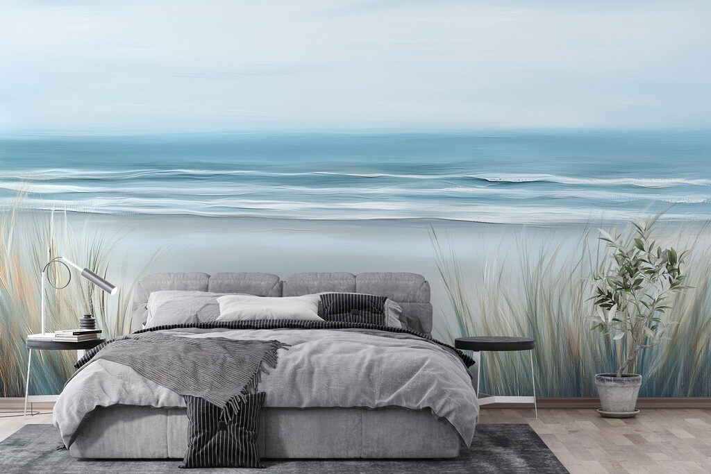 Beach with grass and waves