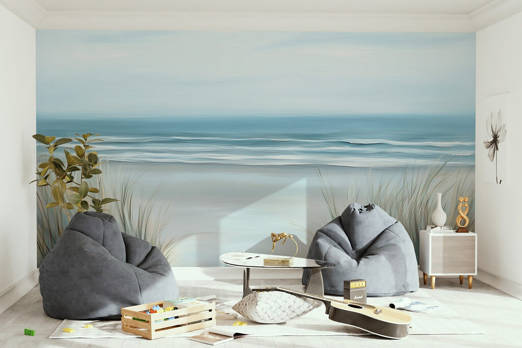 Beach with grass and waves