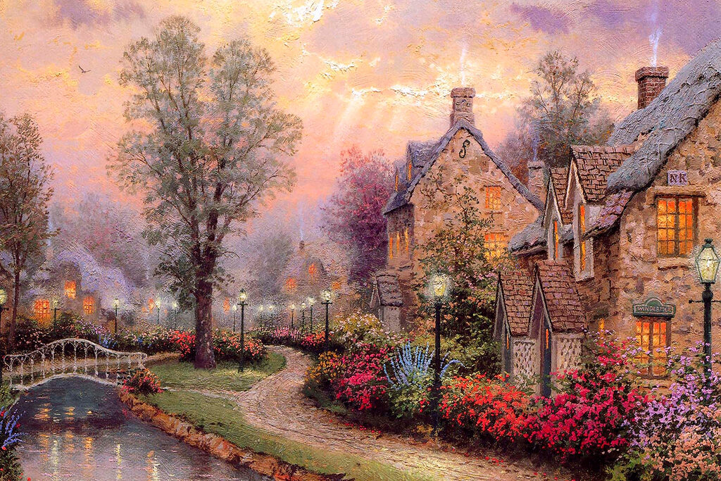 Painting of a house with flowers and a path