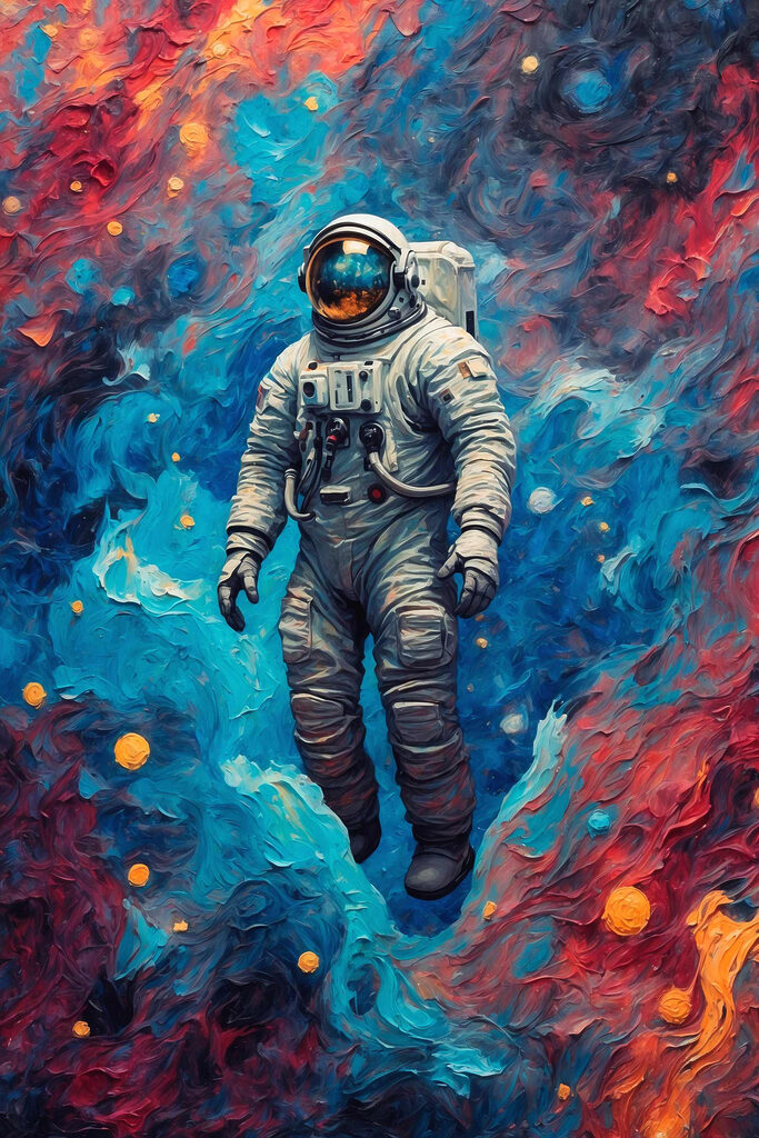 An astronaut in space with colorful background