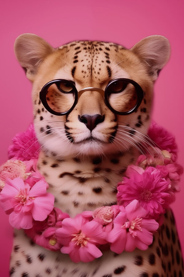 Leopard care poartă ochelari și un colier de flori Leopard care poartă ochelari și un colier de flori