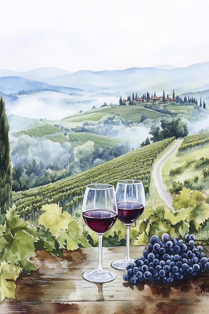Watercolor of wine glasses on a table with grapes and hills in the background