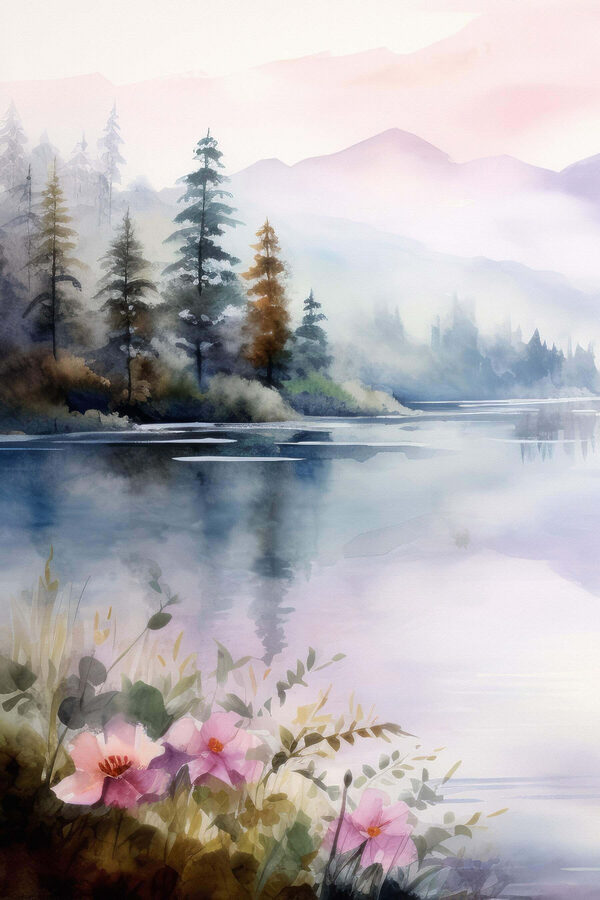 Pictura acuarelă a unui lac cu copaci și flori Pictura acuarelă a unui lac cu copaci și flori