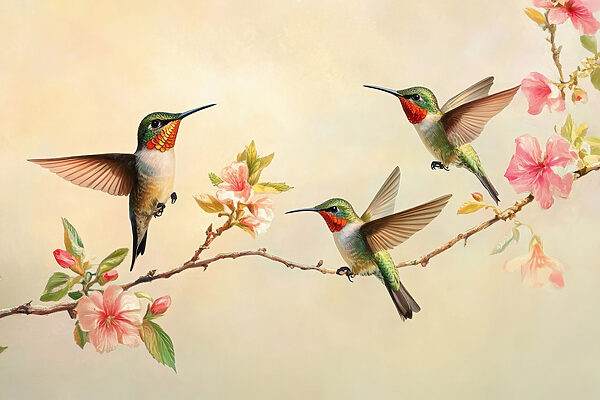 Grup de păsări colibri pe o ramură cu flori Grup de păsări colibri pe o ramură cu flori
