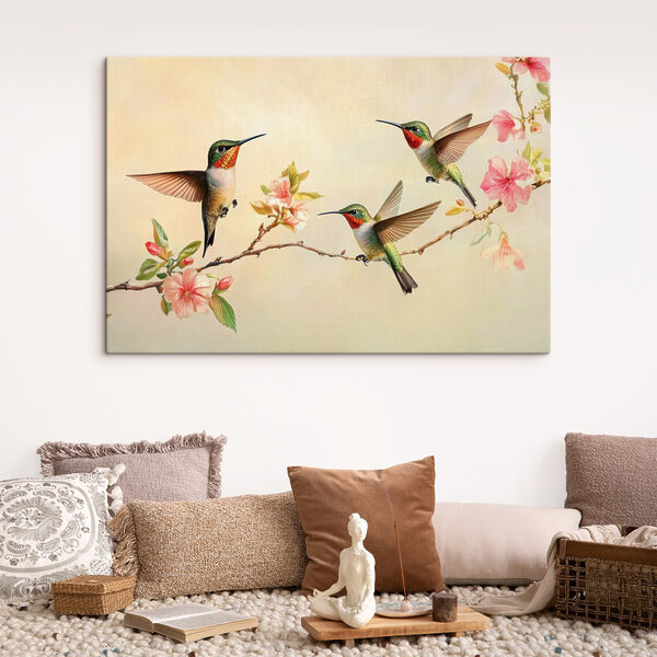 Grup de păsări colibri pe o ramură cu flori Grup de păsări colibri pe o ramură cu flori