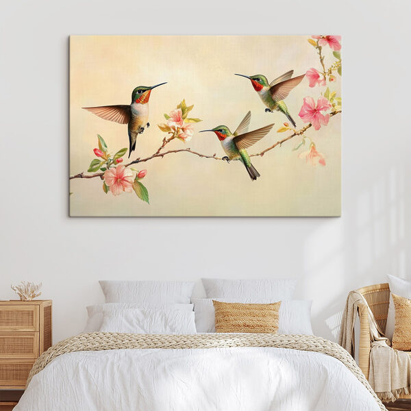 Grup de păsări colibri pe o ramură cu flori Grup de păsări colibri pe o ramură cu flori