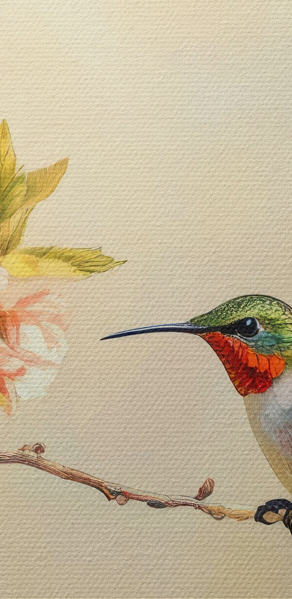 Grup de păsări colibri pe o ramură cu flori Grup de păsări colibri pe o ramură cu flori