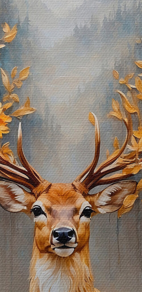 Painting of a deer with flowers and mountains
