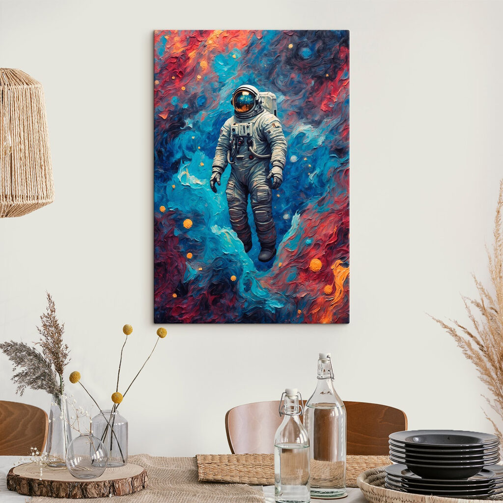 An astronaut in space with colorful background