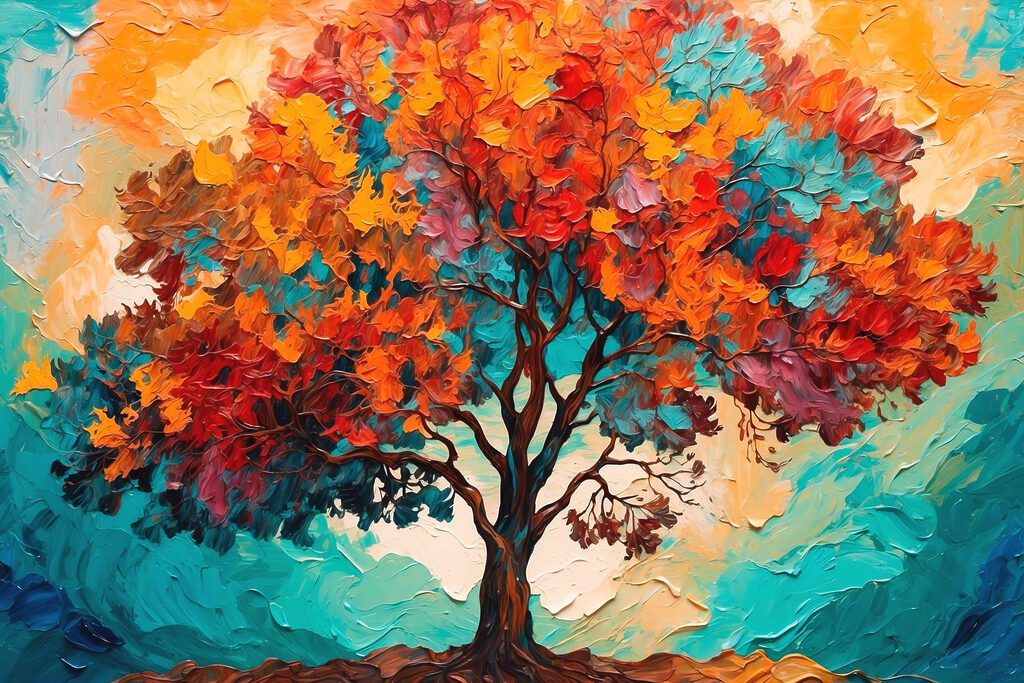 Painting of a tree with colorful leaves Painting of a tree with colorful leaves