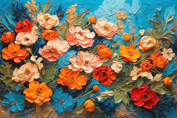 Painting of flowers on a blue surface