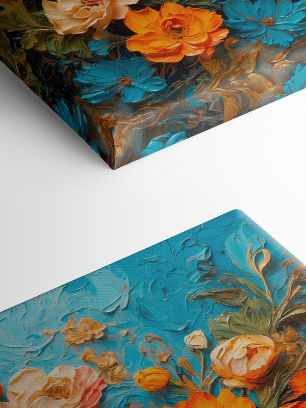 Painting of flowers on a blue surface