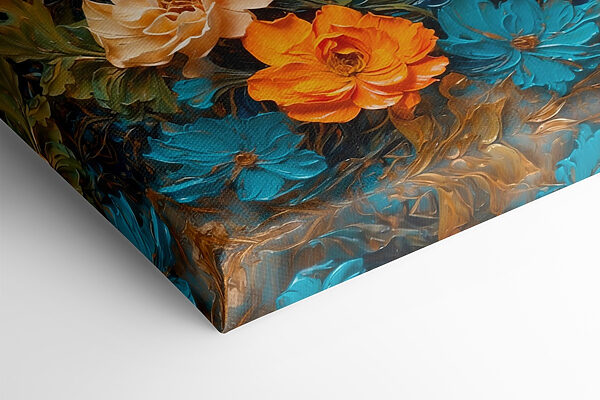 Painting of flowers on a blue surface