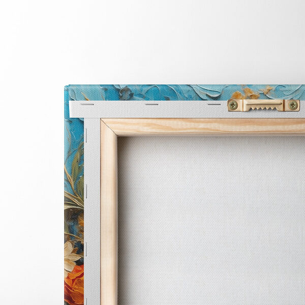 Painting of flowers on a blue surface