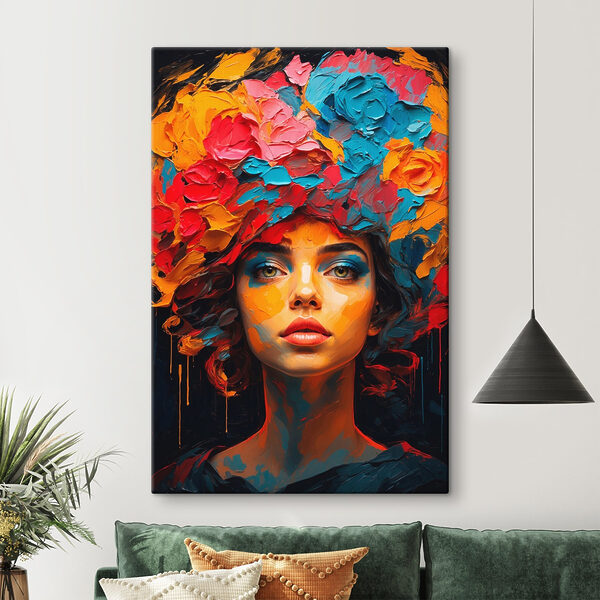 Femeie cu flori colorate pe cap Femeie cu flori colorate pe cap