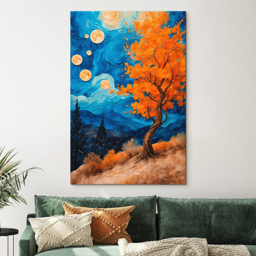 Painting of a tree with orange leaves and blue mountains