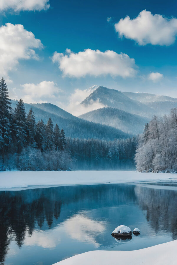 Lac cu zăpadă și copaci în fundal Lac cu zăpadă și copaci în fundal