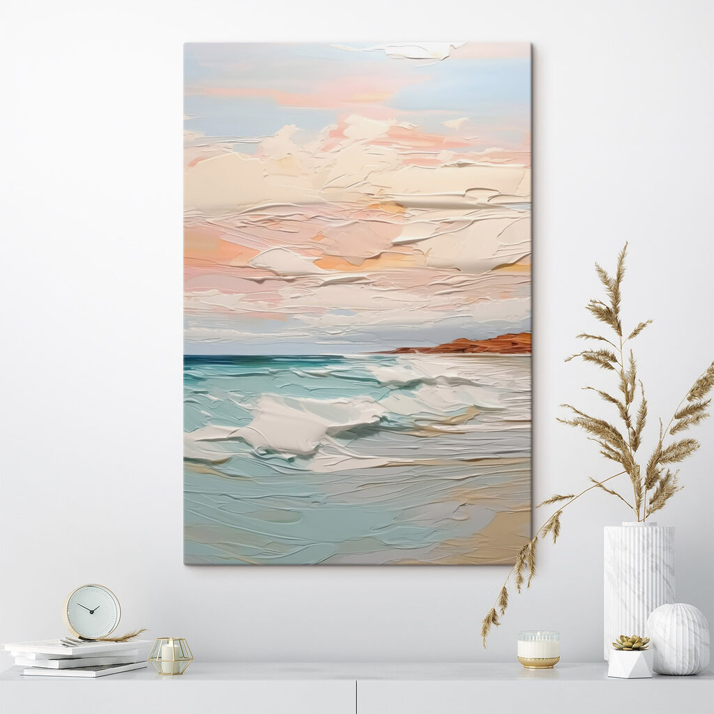Painting of a beach and ocean
