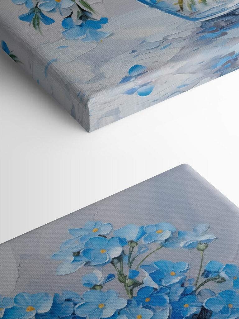 Painting of blue flowers in a glass vase