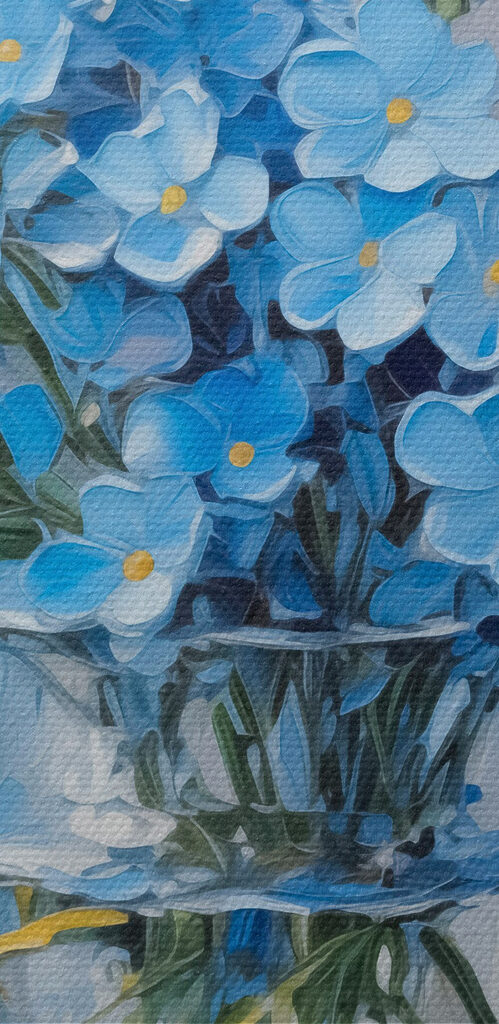 Painting of blue flowers in a glass vase