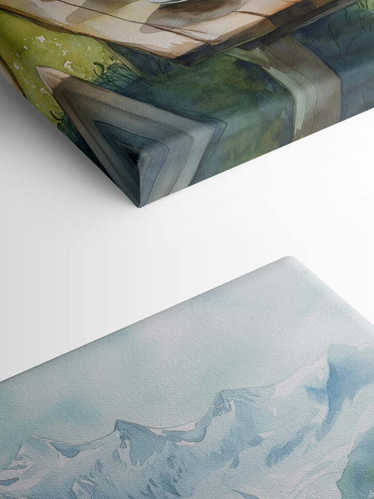 Table with plates of food and cups on it with mountains in the background