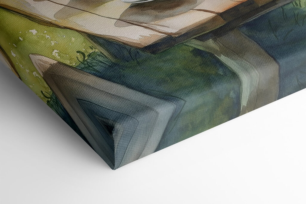 Table with plates of food and cups on it with mountains in the background