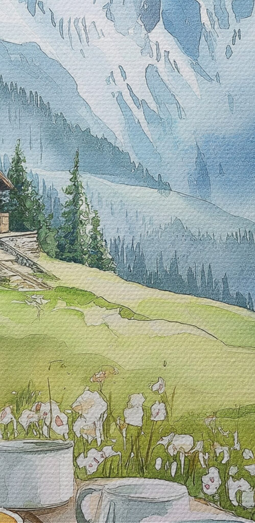 Table with plates of food and cups on it with mountains in the background