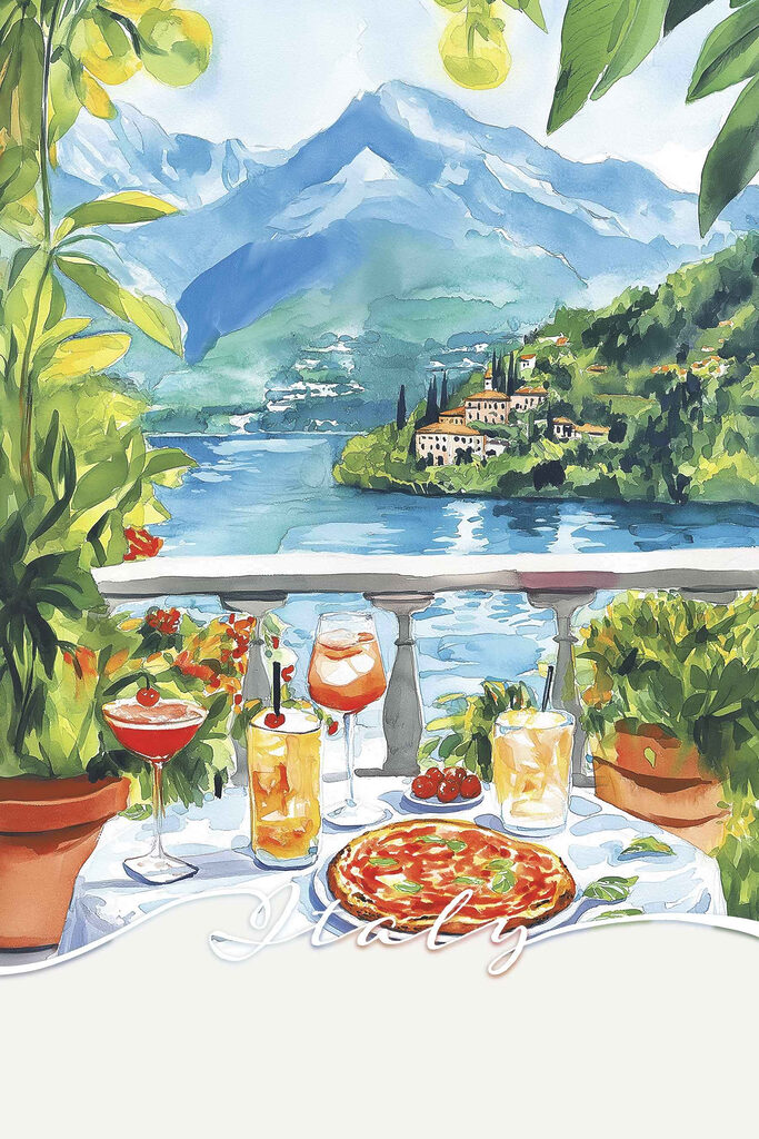 Watercolor painting of a table with drinks and a view of a lake