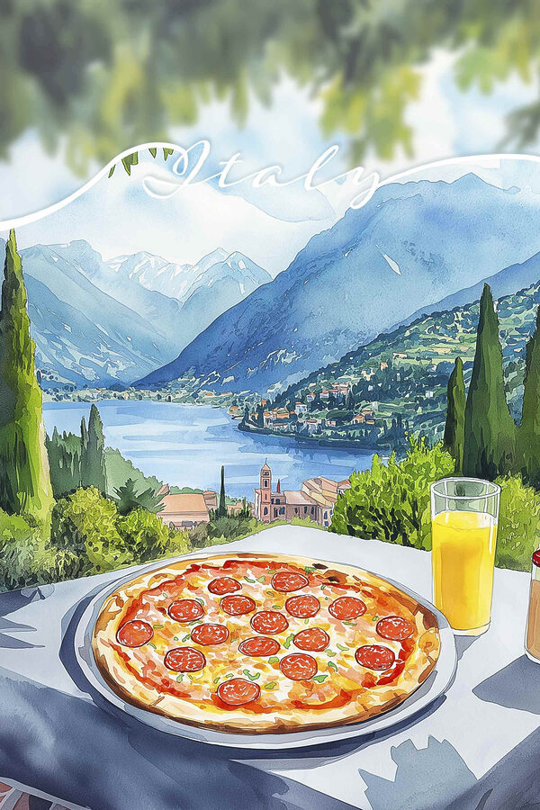 Pizza și suc pe o masă cu munți și copaci Pizza și suc pe o masă cu munți și copaci