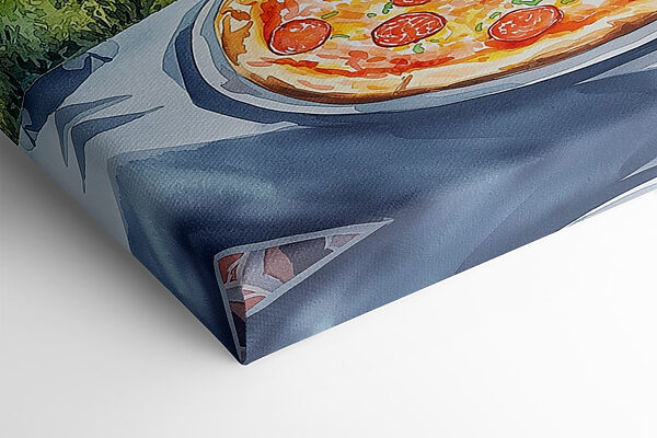 Pizza și suc pe o masă cu munți și copaci Pizza și suc pe o masă cu munți și copaci