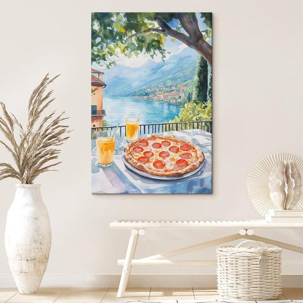 Pictura acuarelă a unei pizza și băuturi pe o masă Tablouri Pictura acuarelă a unei pizza și băuturi pe o masă