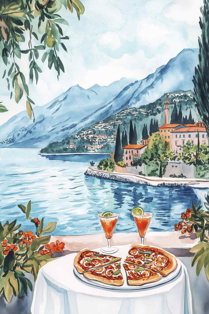 Watercolor painting of a table with food and a lake in the background