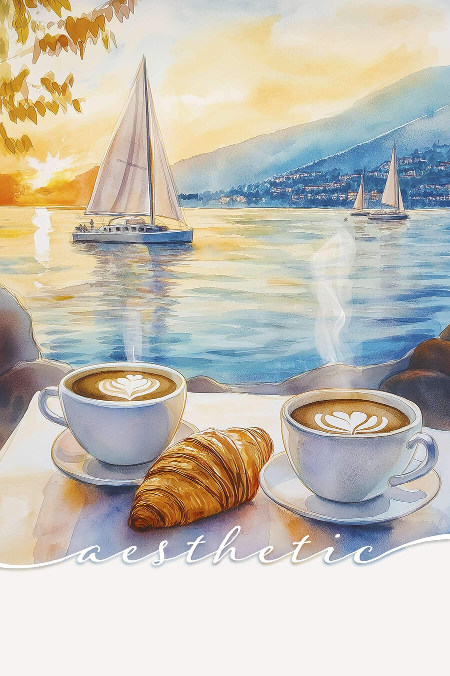 Două cești de cafea și croissant pe o masă cu o barcă cu pânze în fundal