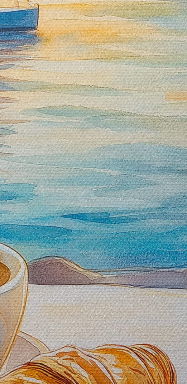 Două cești de cafea și croissant pe o masă cu o barcă cu pânze în fundal Două cești de cafea și croissant pe o masă cu o barcă cu pânze în fundal