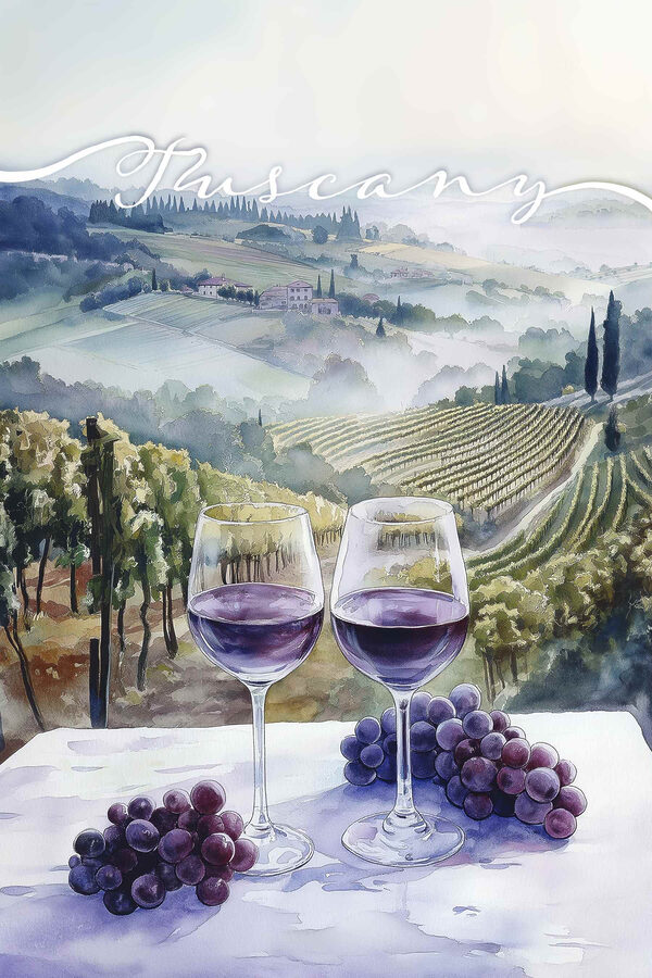 Pictura acuarelă de pahare de vin și struguri pe o masă Pictura acuarelă de pahare de vin și struguri pe o masă
