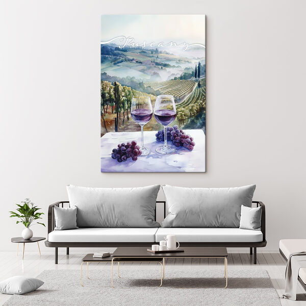 Pictura acuarelă de pahare de vin și struguri pe o masă Pictura acuarelă de pahare de vin și struguri pe o masă