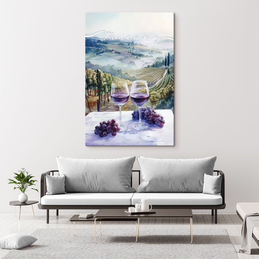 Pictura acuarelă de pahare de vin și struguri pe o masă