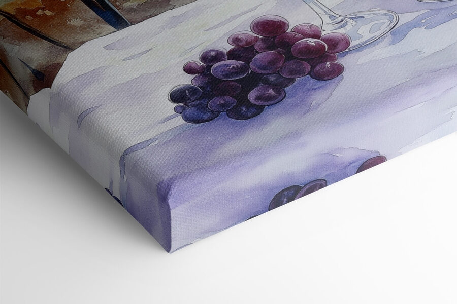 Pictura acuarelă de pahare de vin și struguri pe o masă