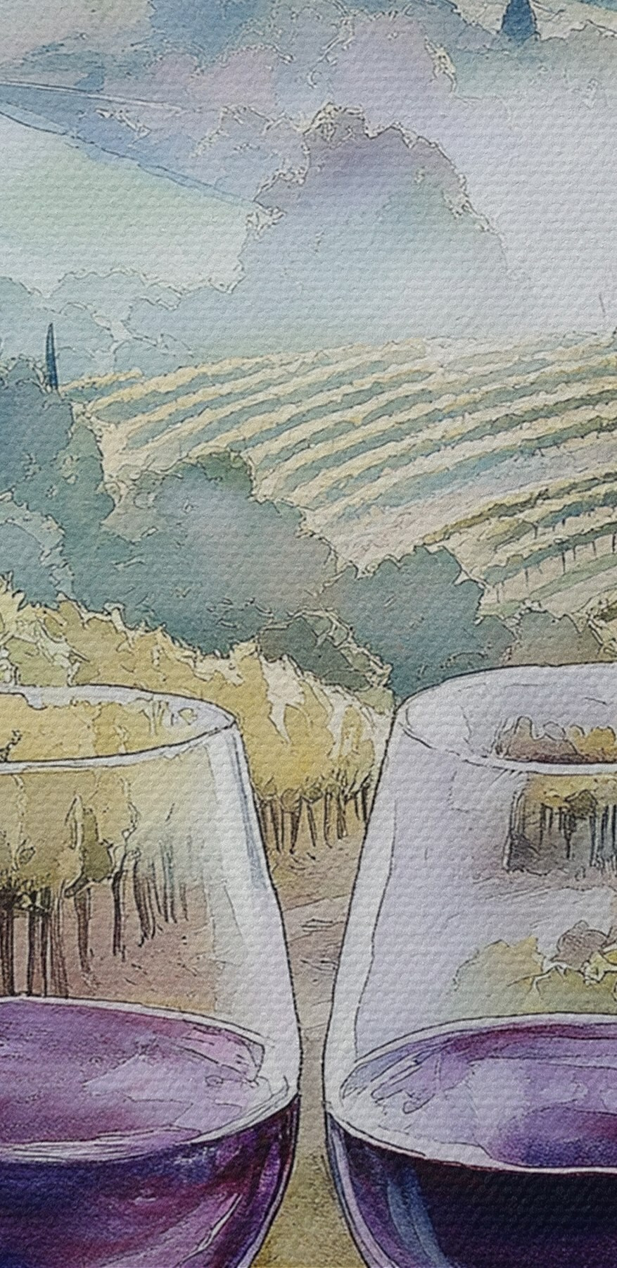 Pictura acuarelă de pahare de vin și struguri pe o masă