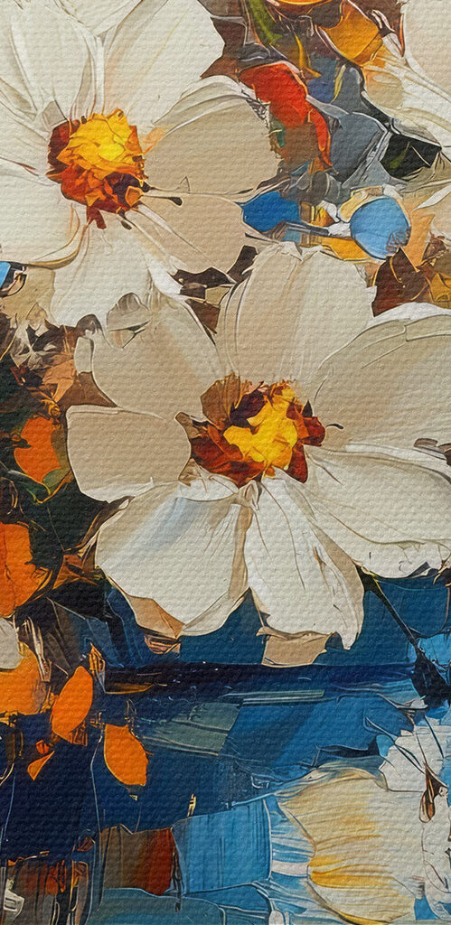 Painting of flowers in a blue vase