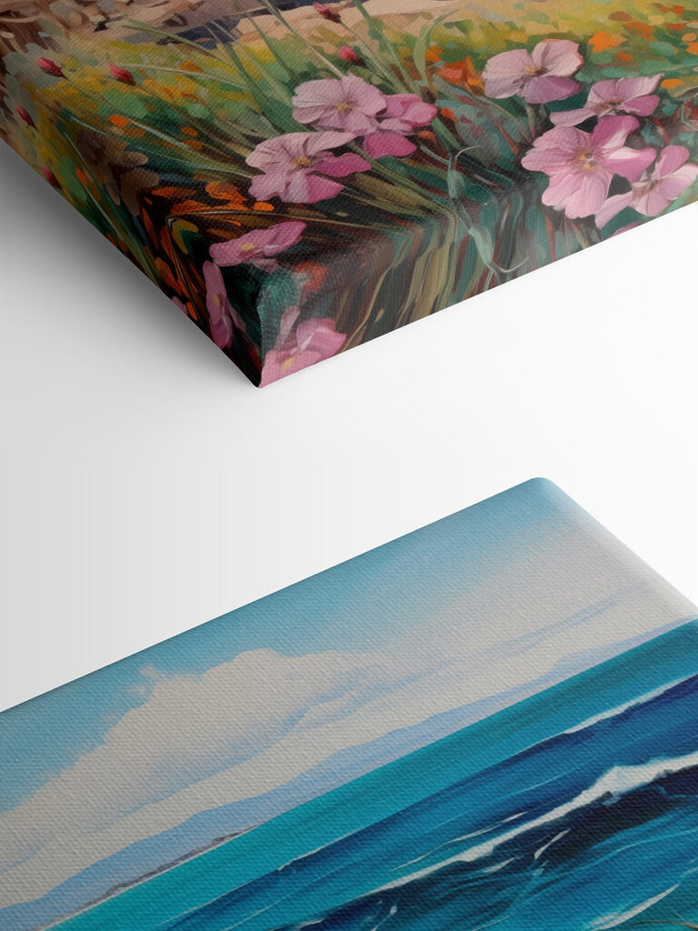 Painting of a beach with flowers and waves Painting of a beach with flowers and waves