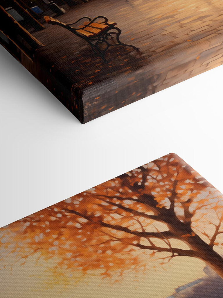 Bench and a river with trees and a tower in the background