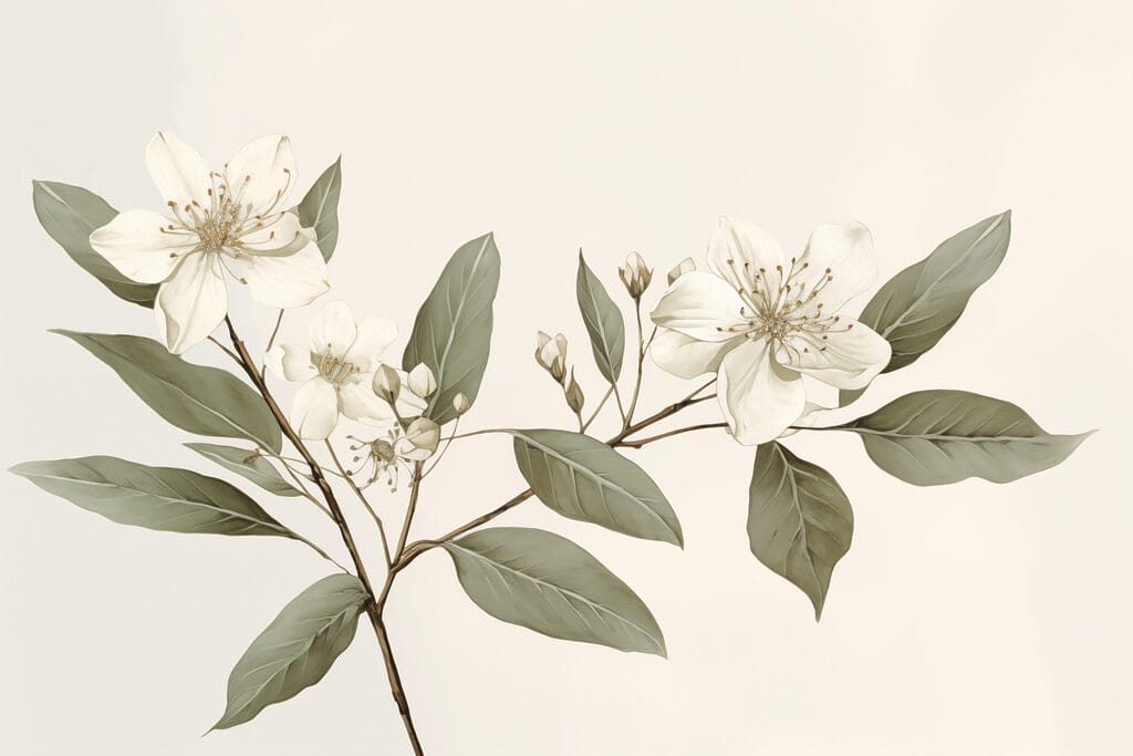 White flowers and leaves on a branch White flowers and leaves on a branch