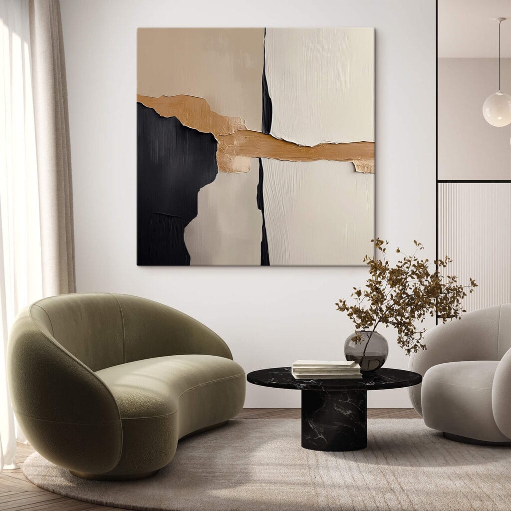 Black and white wall with a brown strip