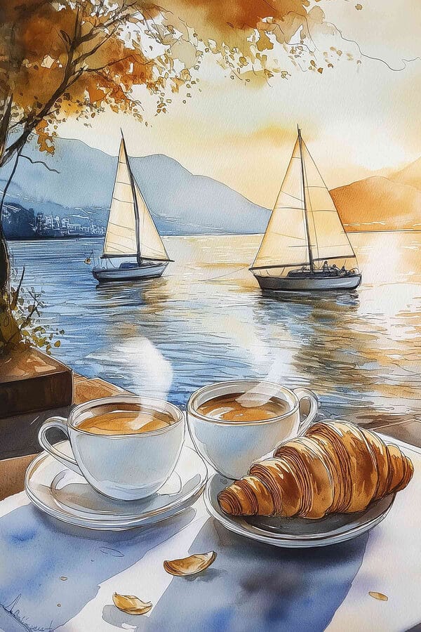 Acuarelă de două cești de cafea și un croissant pe o masă Acuarelă de două cești de cafea și un croissant pe o masă