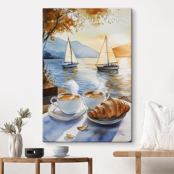 Acuarelă de două cești de cafea și un croissant pe o masă Acuarelă de două cești de cafea și un croissant pe o masă