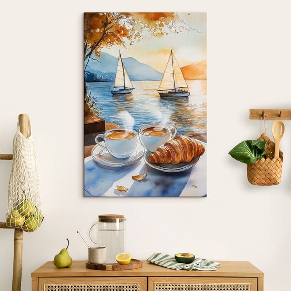 Acuarelă de două cești de cafea și un croissant pe o masă Acuarelă de două cești de cafea și un croissant pe o masă