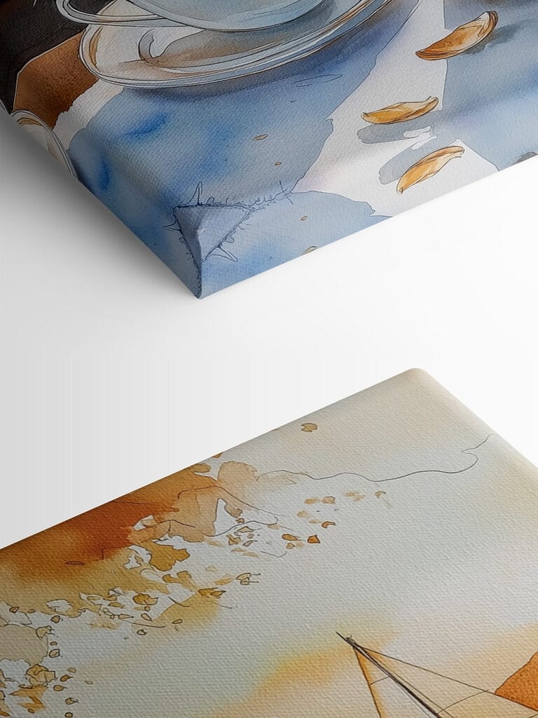 Watercolor of two cups of coffee and a croissant on a table