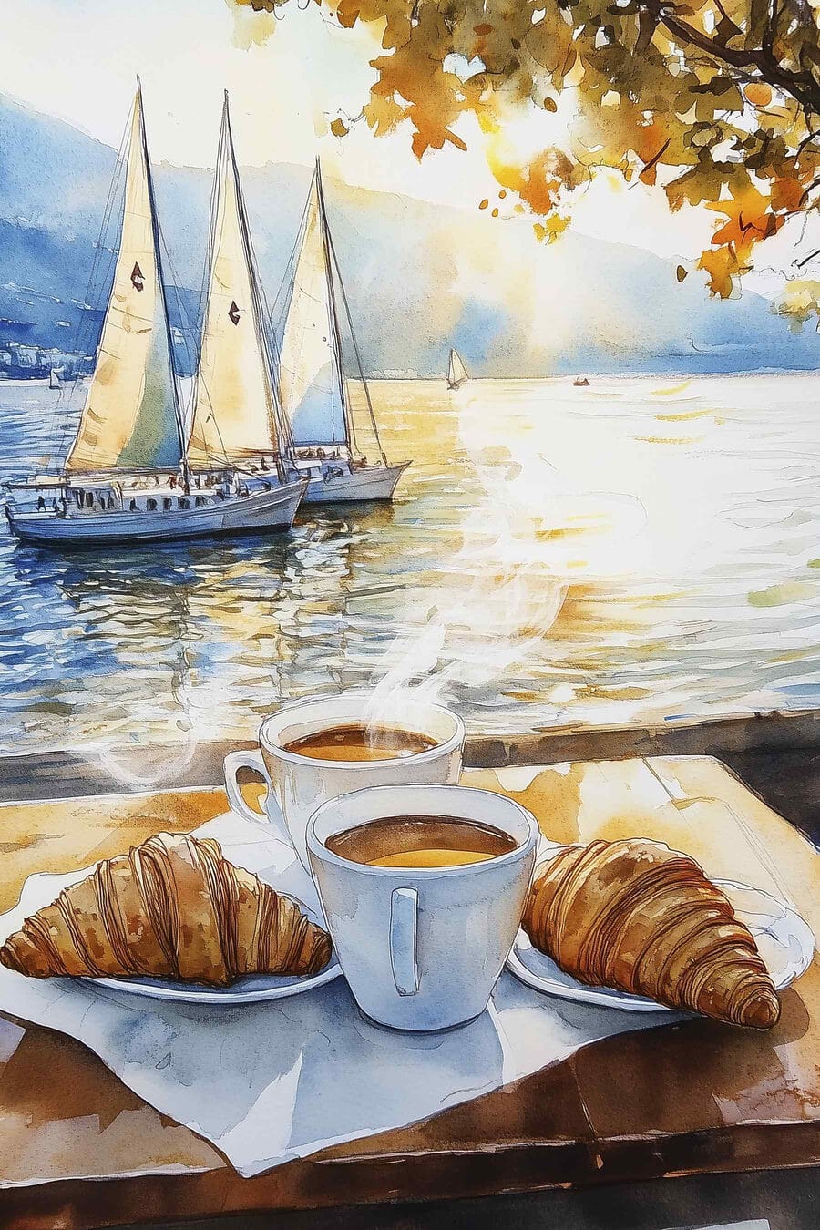 Pictura acuarelă a unei mese cu cafea și croissante Pictura acuarelă a unei mese cu cafea și croissante