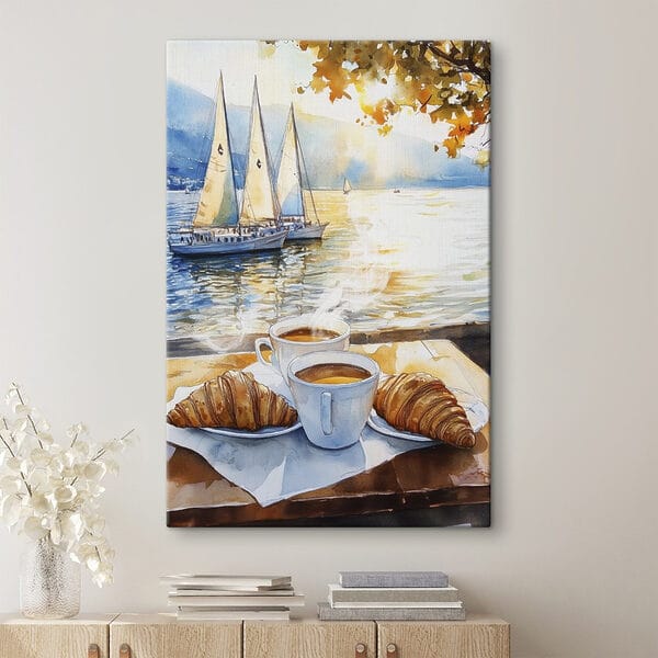 Pictura acuarelă a unei mese cu cafea și croissante Pictura acuarelă a unei mese cu cafea și croissante